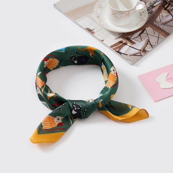 Women Green Cats Headscarf Satin Bandana Pattern Polyester Breathable Scarves - Picture 2 of 7